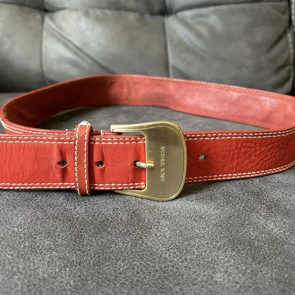 Vintage Y2K Michael Kors Womens Red Genuine Leather Belt Gold Buckle 33”